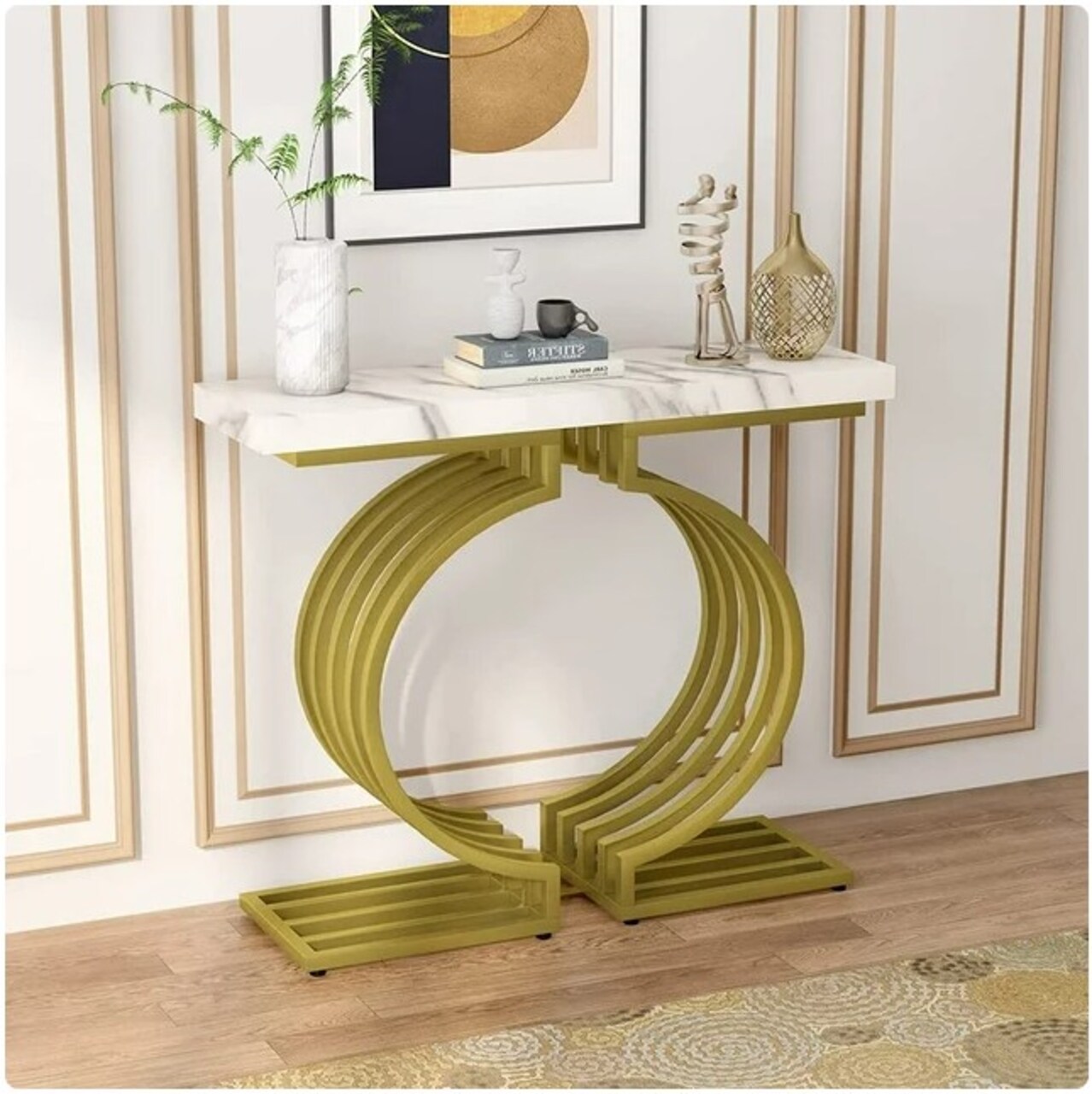 40 inch Modern Faux Marble Entryway Table with Black Base, Suitable for Living Room, Hallway, Bedroom, Entryway, Foyer